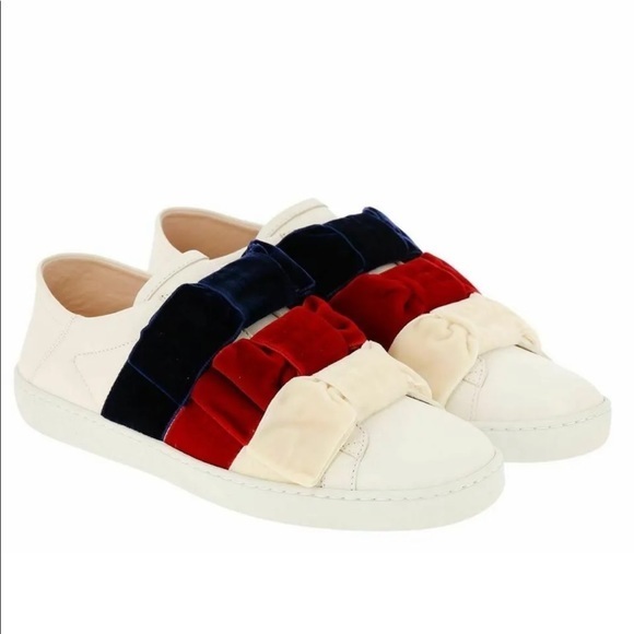 Gucci New Ace 524989 Leather & Velvet Bow Slip-On Bee Women Sneakers Size 35